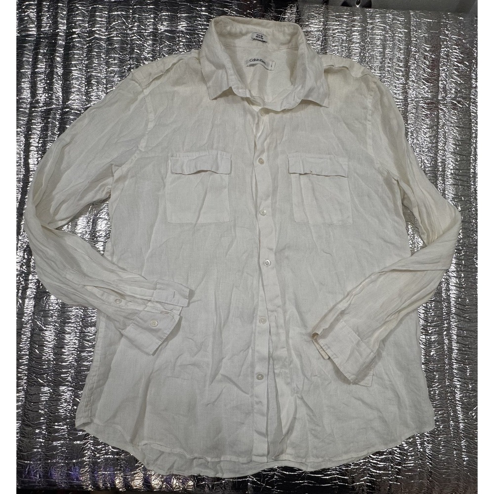 Calvin Klein Women's 100% Linen Button Front Shirt White Long Sleeve Size L
